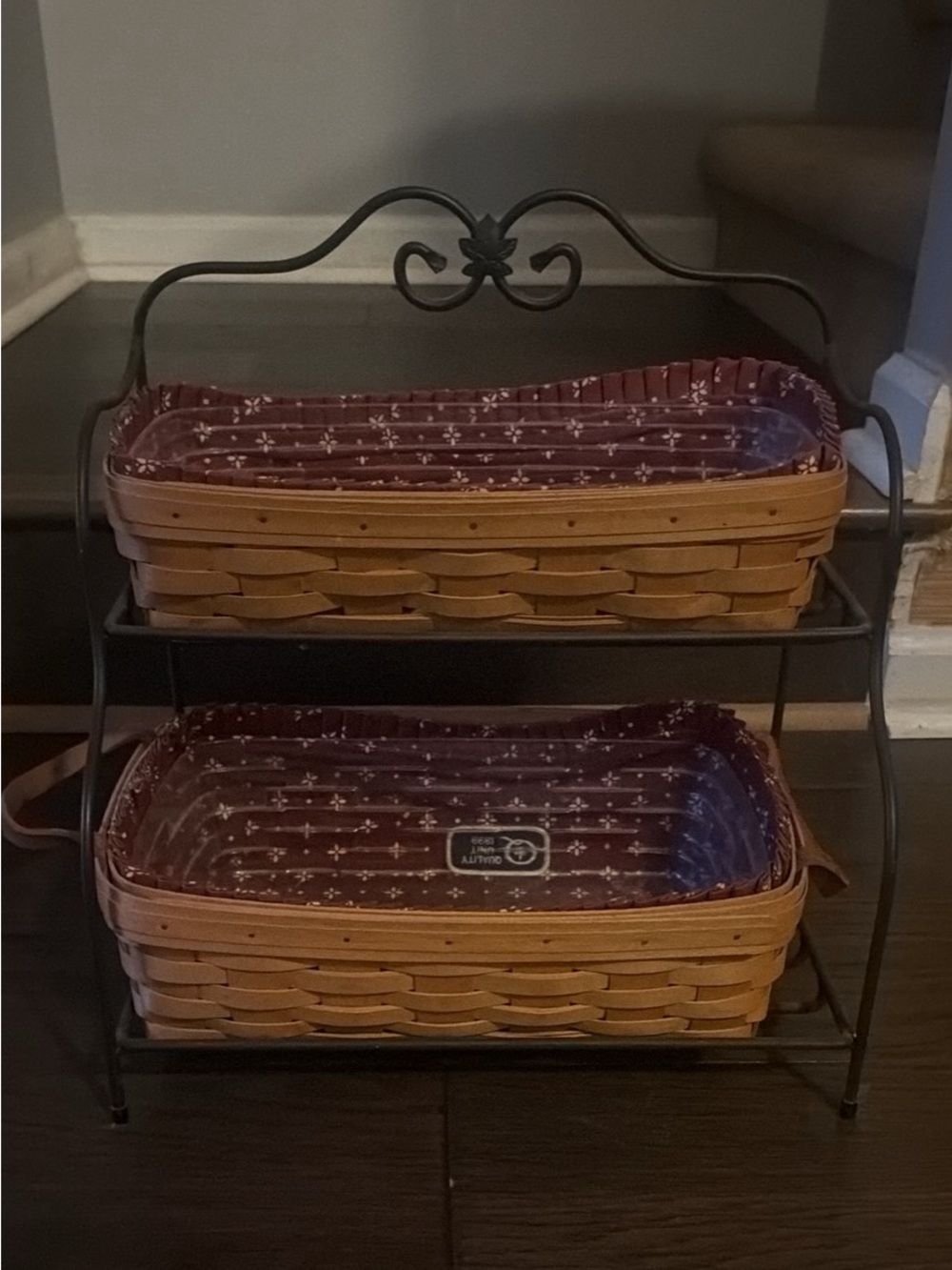 Longaberger Two-Tier Wrought Iron Shelf with Woven Baskets with Burgundy Liner